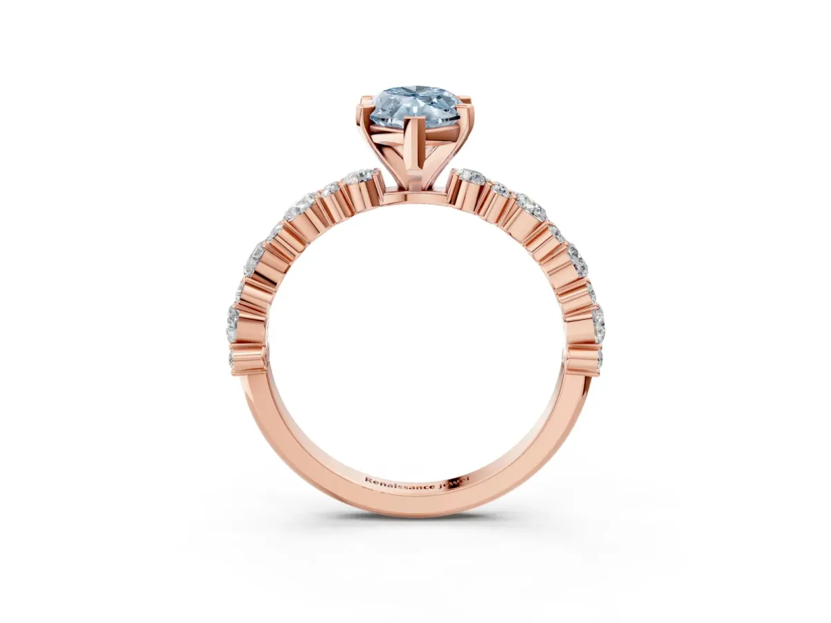 Fancy Blue Marquise Cut Diamond Side Stone Solitaire Ring with Round and Four-Prong Setting Rose gold