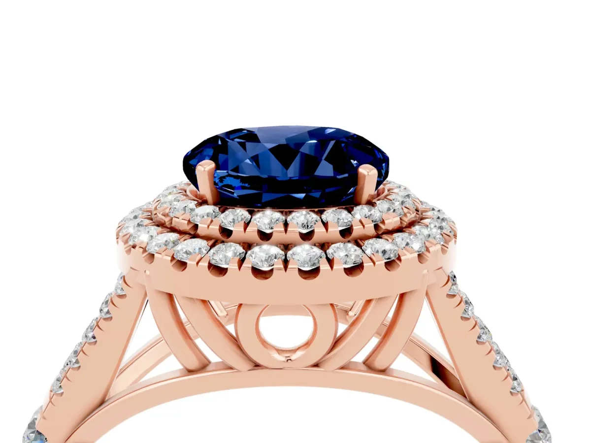 Round Cut Blue Sapphire Double Halo Ring with Split Shank and Prong Setting Rose gold