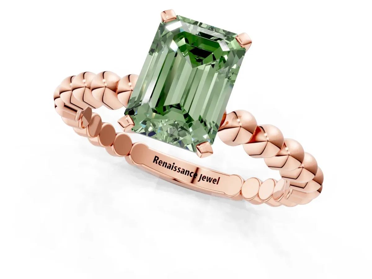 Fancy Green Emerald Cut Diamond Solitaire Ring with Beaded Band and Prong Setting Rose gold