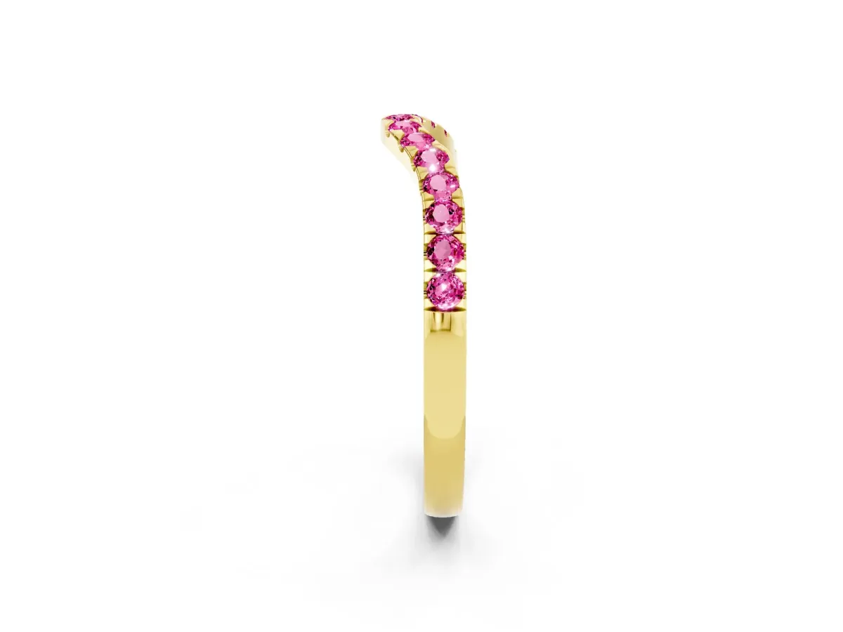 Curved Pavé Round Pink Sapphire Wedding Band with Shared Prong Setting Yellow gold