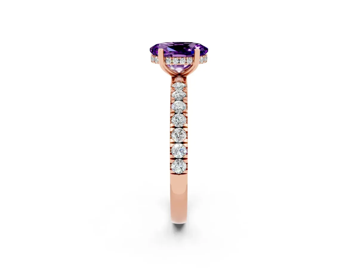 Oval Cut Amethyst Pave Band Solitaire Ring with Round and Prong Setting Rose gold