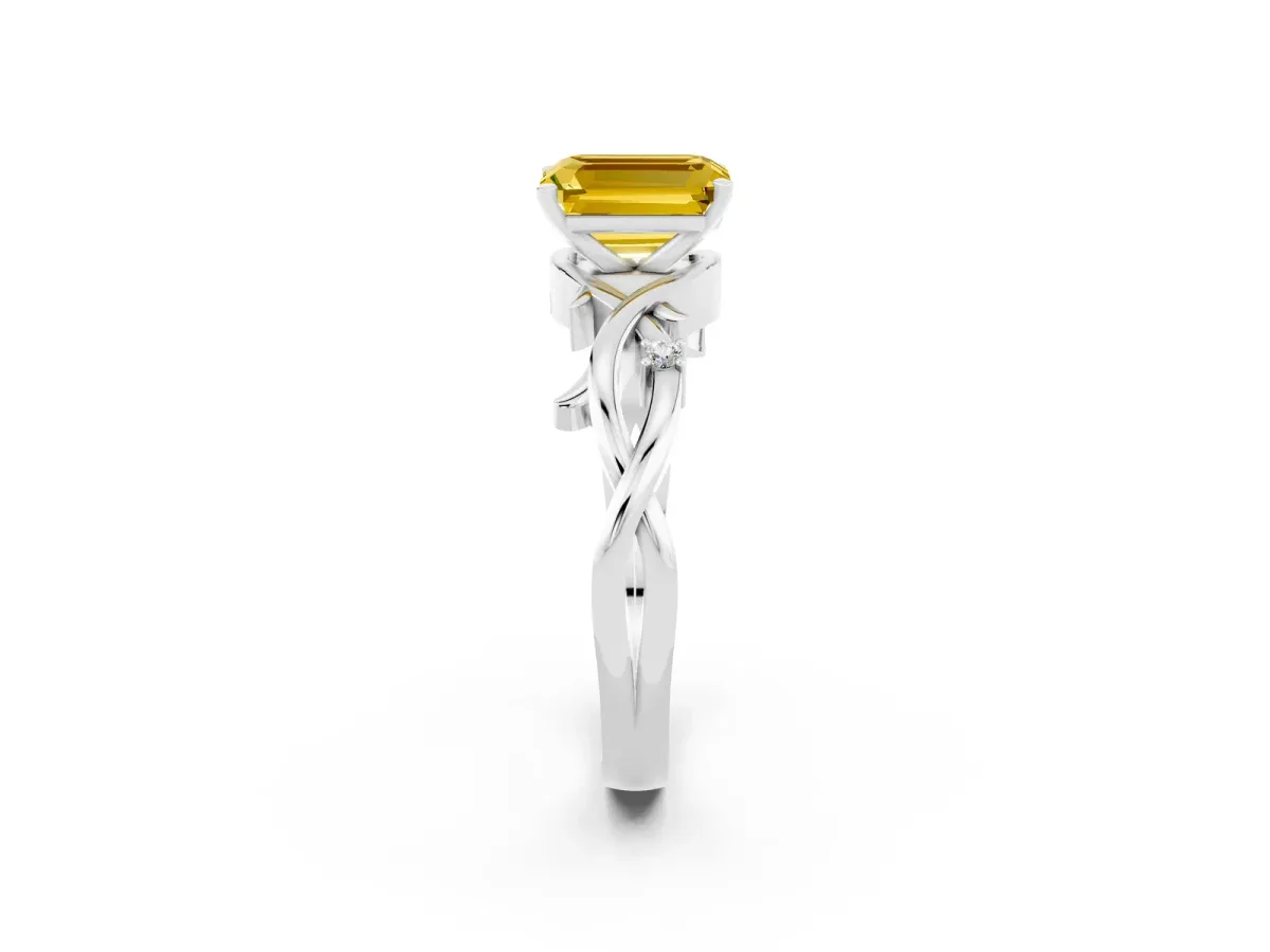 Emerald Cut Yellow Sapphire Solitaire Ring with Twisted Band and Prong Setting Platinum