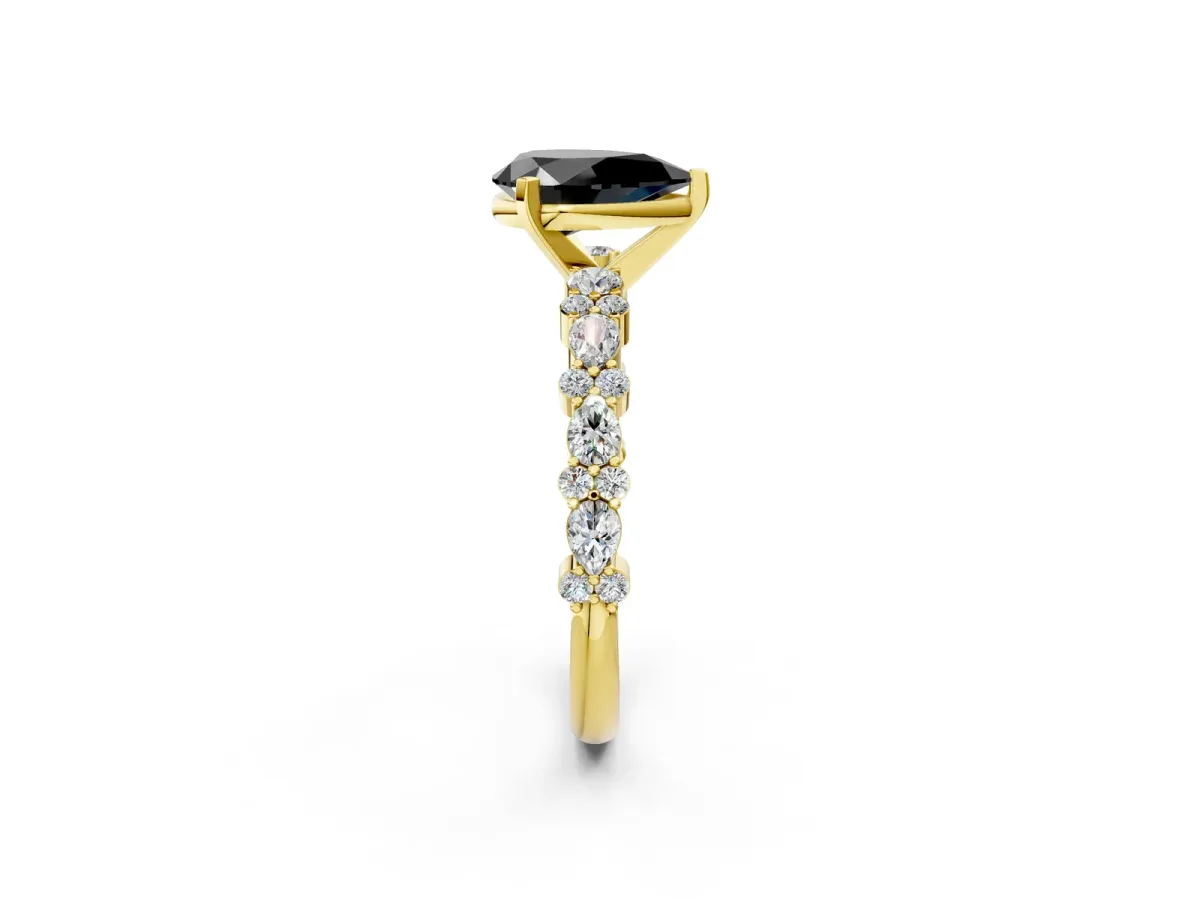 Fancy Black Pear Cut Diamond Side Stone Solitaire Ring with Round and Four-Prong Setting Yellow gold