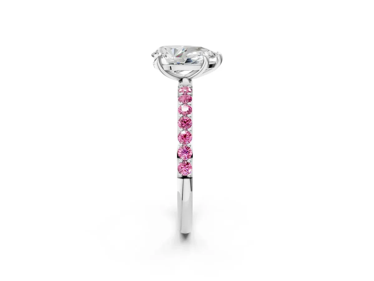 Pear Cut Diamond Solitaire Ring with Round Pink Sapphire Pavé Band and Prong Setting Silver