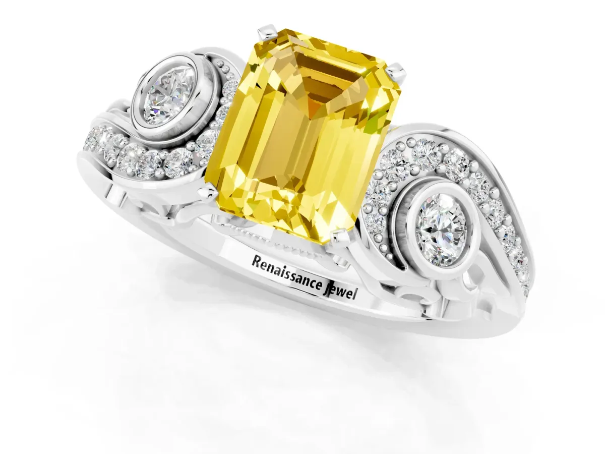 Emerald Cut Yellow Sapphire Solitaire Ring with Milgrain Pavé Band and Four-Prong Setting Silver