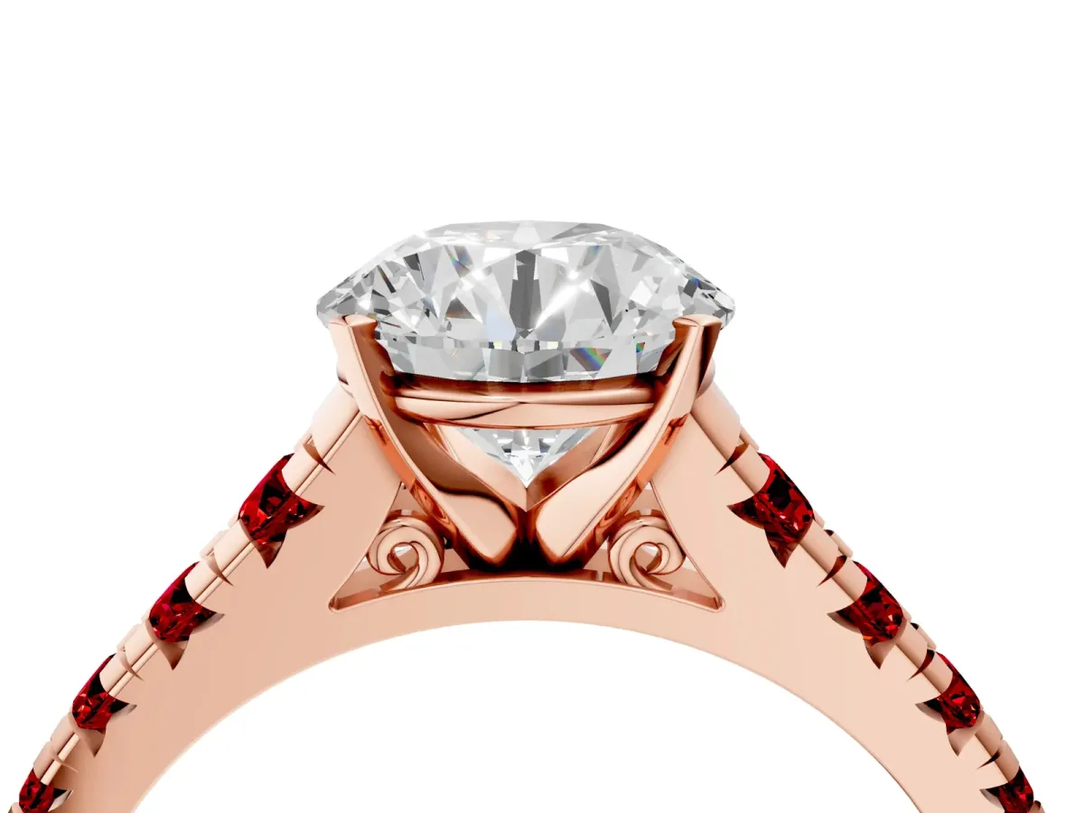 Round Cut Diamond Cathedral Solitaire Ring with Round Ruby Pavé Band Rose gold