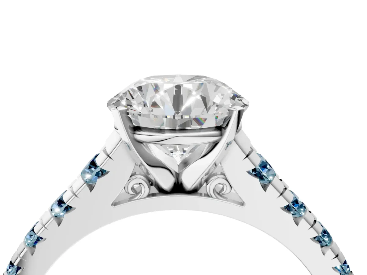 Round Cut Diamond Cathedral Solitaire Ring with Round Aquamarine Pavé Band Silver