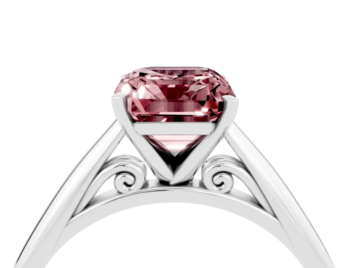 Emerald Cut Morganite Solitaire Engagement Ring with Cathedral Setting and Four-Prong Mount White gold