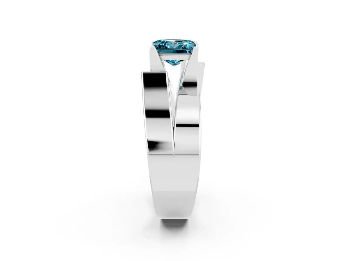 Modern Tension Set Princess Cut Blue Topaz Solitaire Wide Band Ring Silver