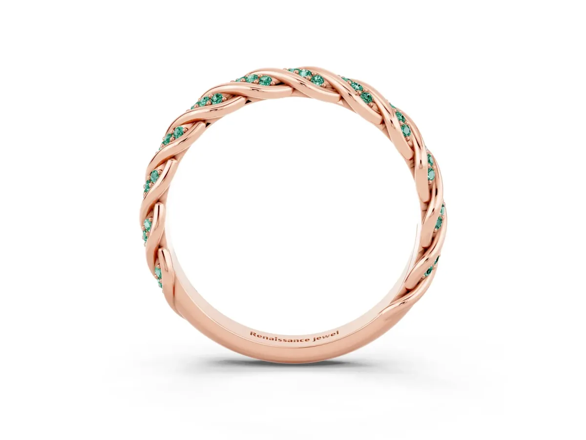 Twisted Pavé Round Green Sapphire Eternity Band with Shared Prong Setting Rose gold