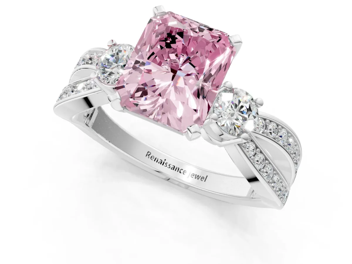 Fancy Pink Three-Stone Radiant Cut Cut Diamond Twist Band with Prong Setting Platinum