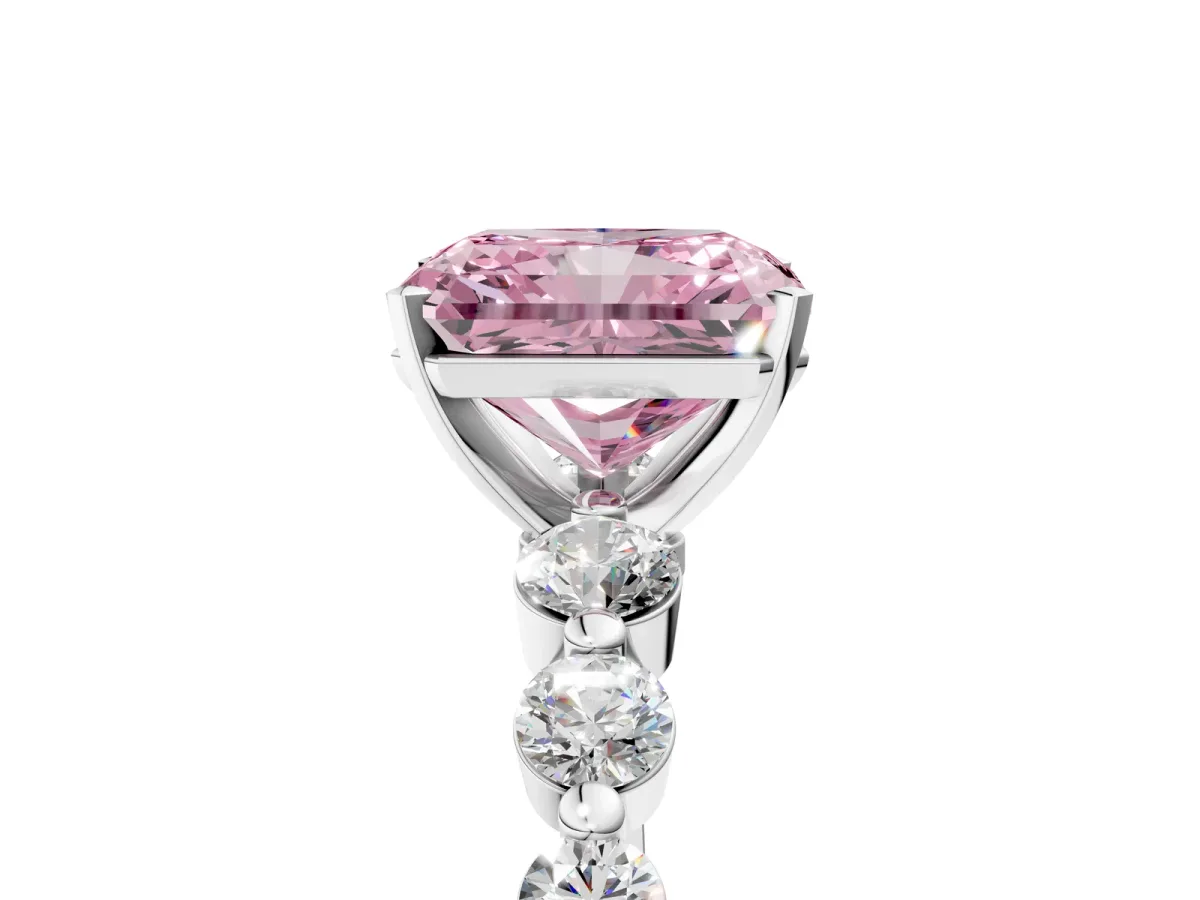 Fancy Pink Radiant Cut Solitaire Diamond Ring with Pave Band and Four-Prong Setting Silver