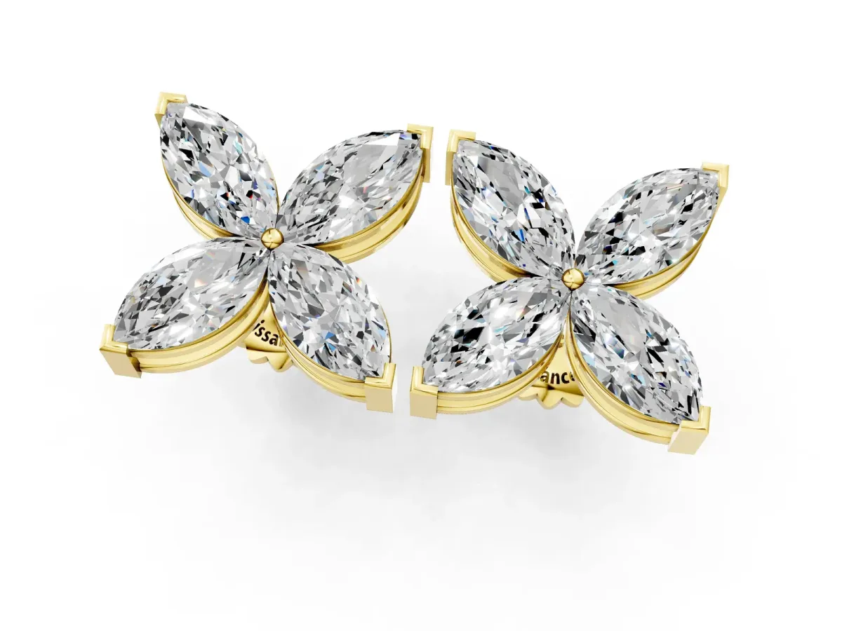 Marquise Cut Diamond Flower Stud Earrings Yellow gold