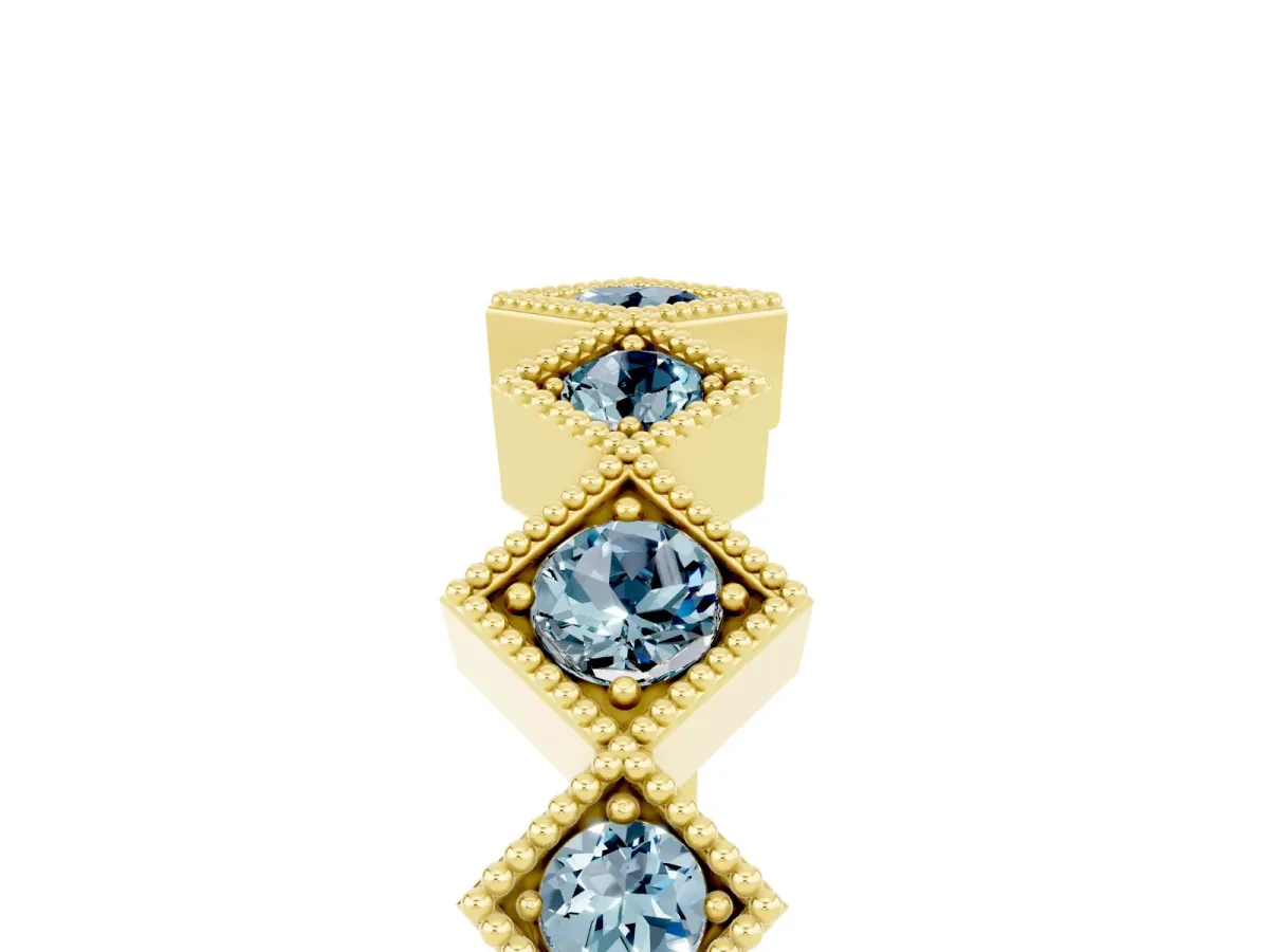 Milgrain Square Bezel Round Aquamarine Chevron Band Yellow gold