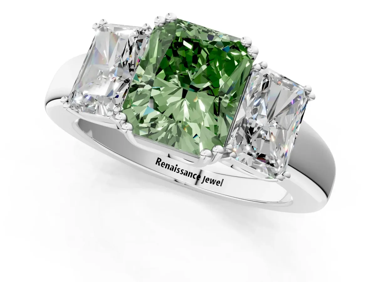 Fancy Green Three-Stone Radiant Cut Cut Diamond Ring with Channel Set Band and Four-Prong Setting Silver
