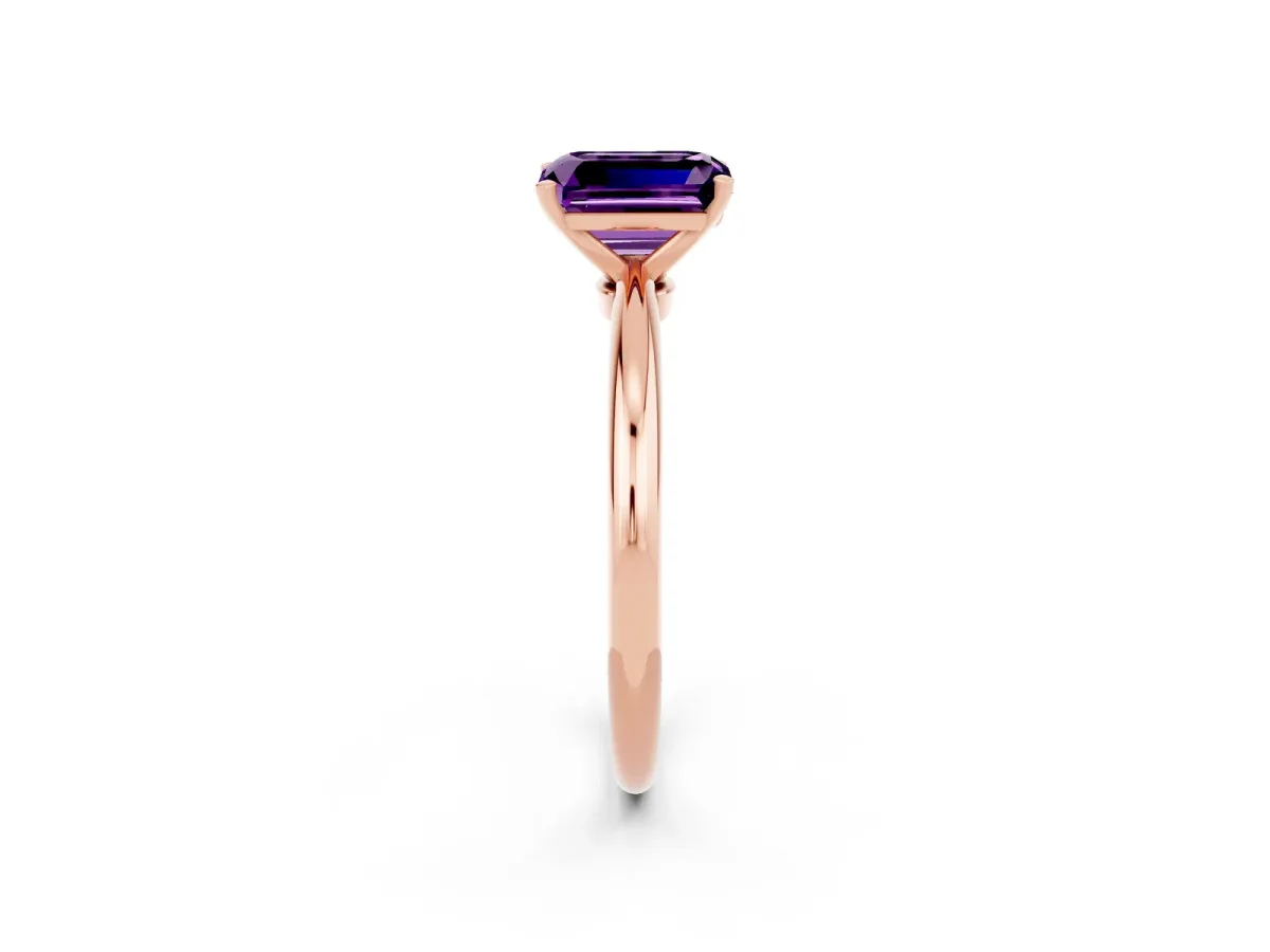 Emerald Cut Amethyst Solitaire Ring with Six-Prong Setting and Classic Band Rose gold
