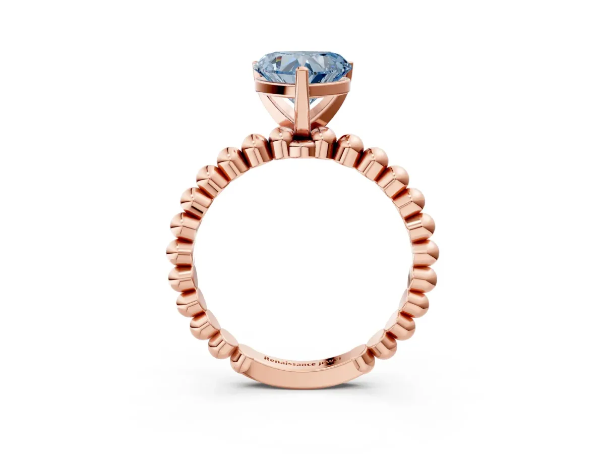 Fancy Blue Heart Cut Diamond Solitaire Ring with Beaded Band and Prong Setting Rose gold