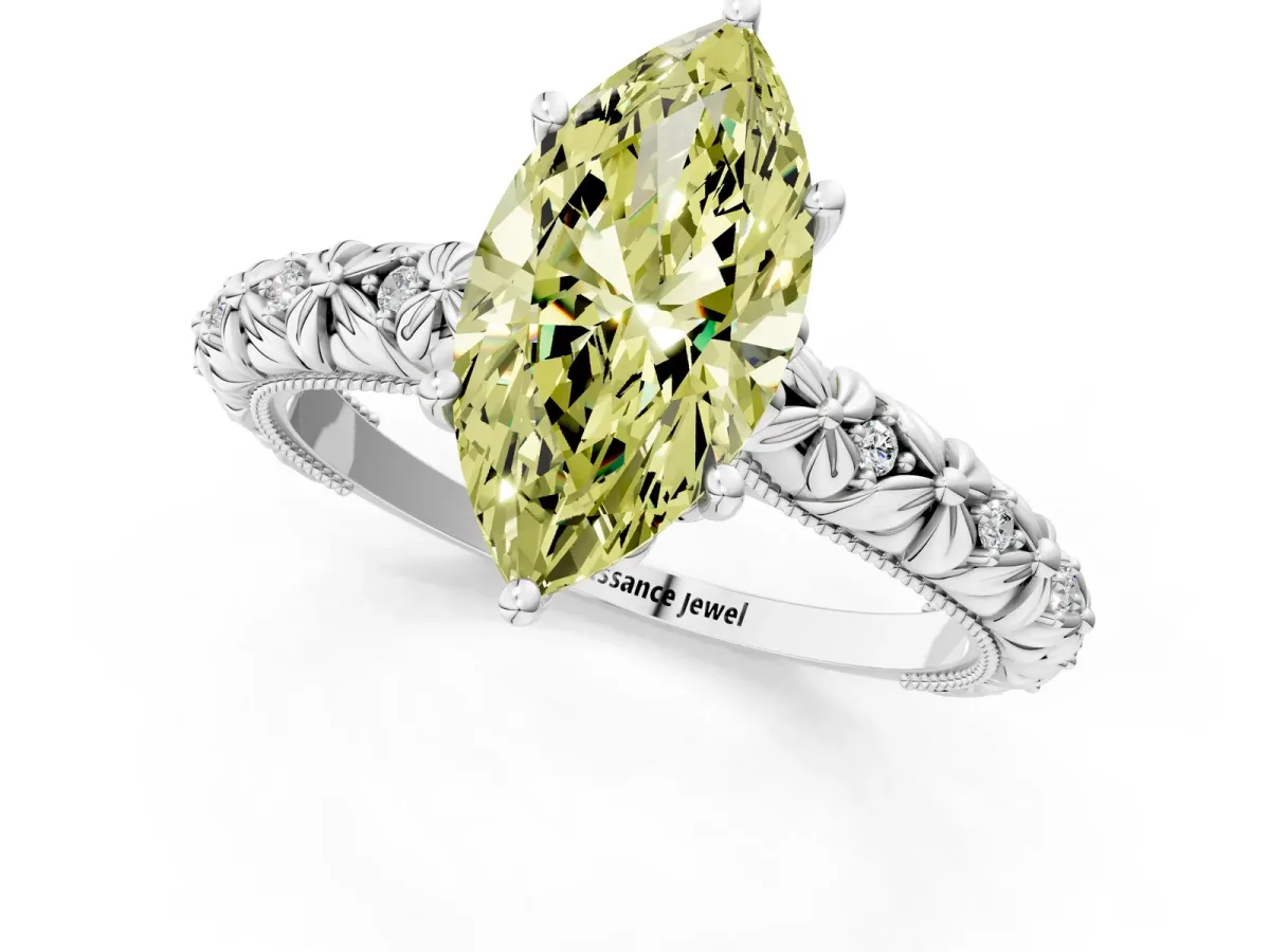Fancy Yellow Marquise Cut Solitaire Floral Milgrain Engagement Ring Platinum