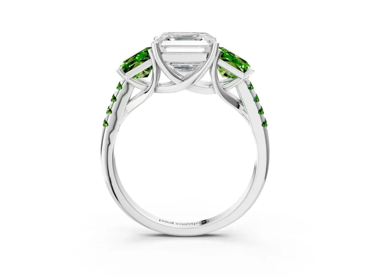 Three-Stone Asscher Cut Diamond Ring with Round Peridot Pavé Band and Prong Setting Silver