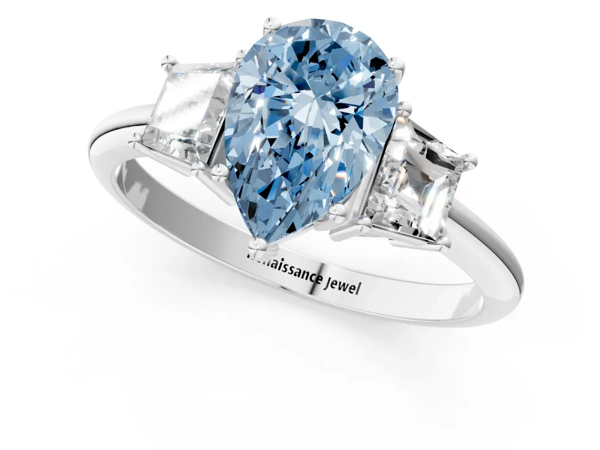 Fancy Blue Pear Cut Diamond Three-Stone Ring with Trapezoid Side Stones and Prong Setting White gold