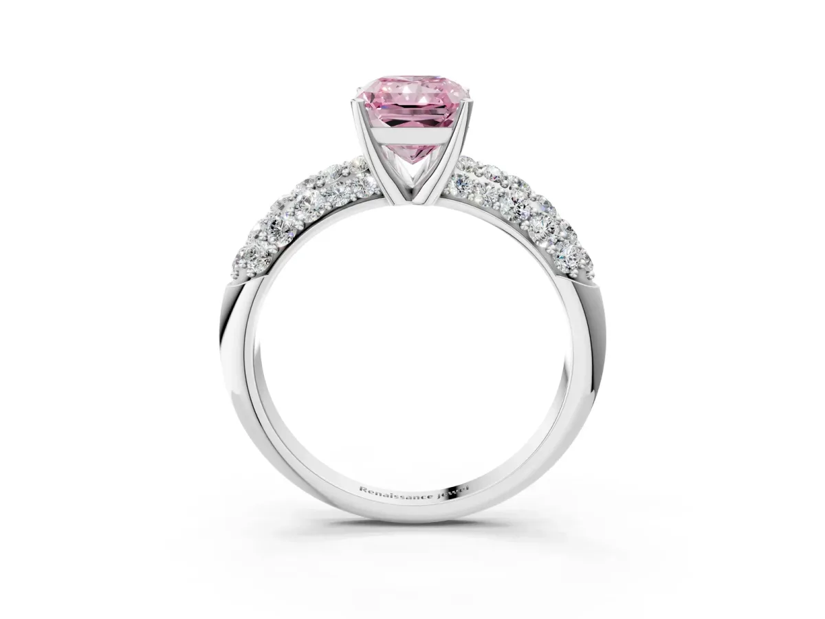 Fancy Pink Radiant Cut Diamond Pavé Band Solitaire Ring with Four-Prong Setting Platinum