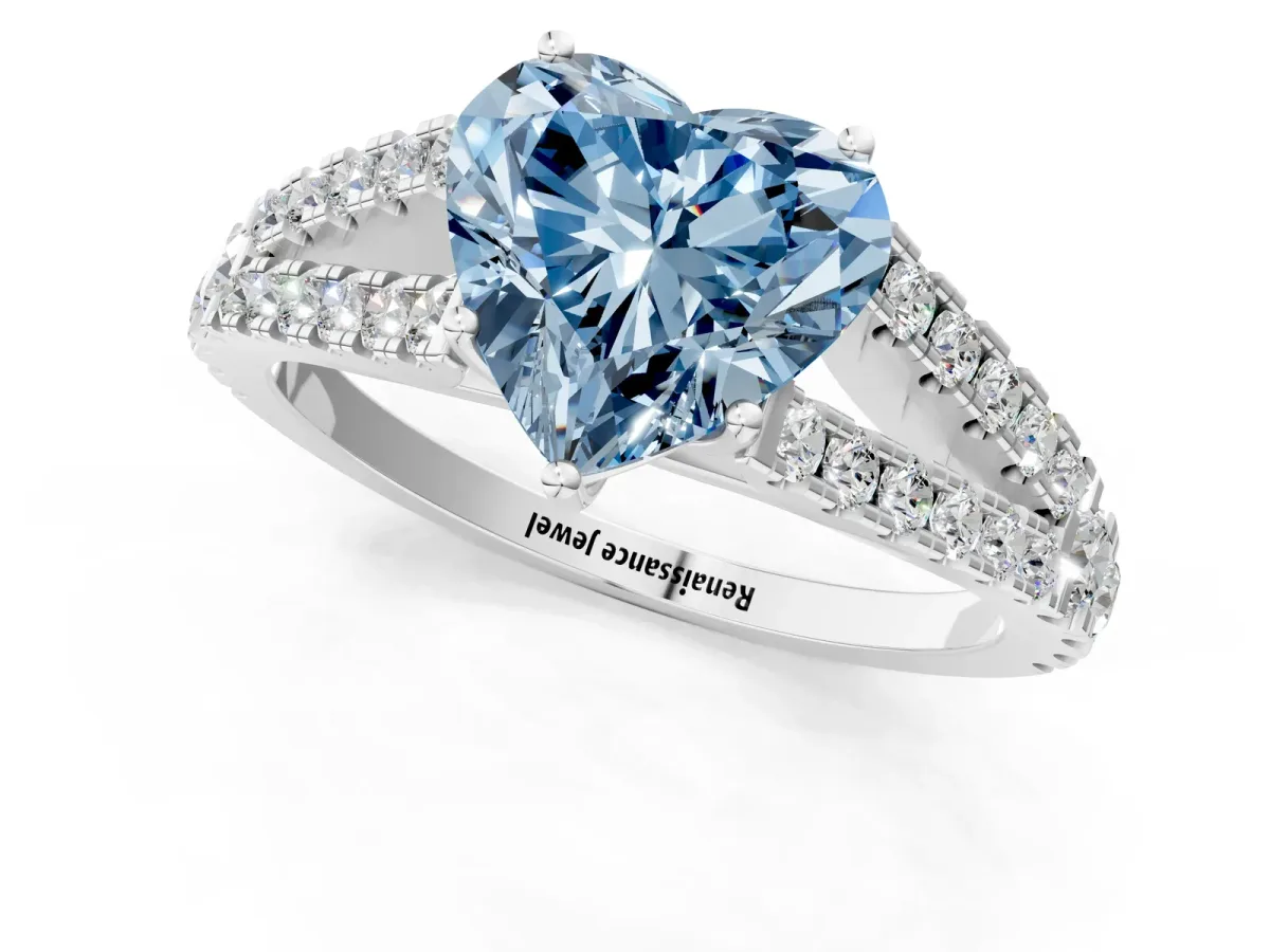 Fancy Blue Heart Cut Diamond Split Shank Pavé Engagement Ring with Four-Prong Setting White gold