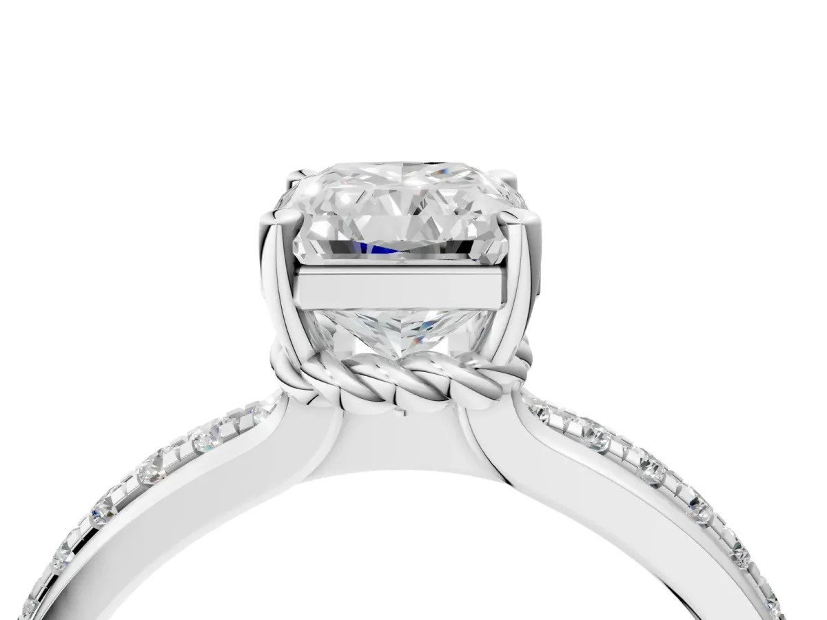 Radiant Cut Solitaire Diamond Ring with Channel Set Band and Six-Prong Setting Platinum