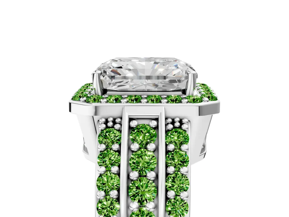 Radiant Cut Halo Diamond Ring with Round Peridot Split Shank and Prong Setting Silver