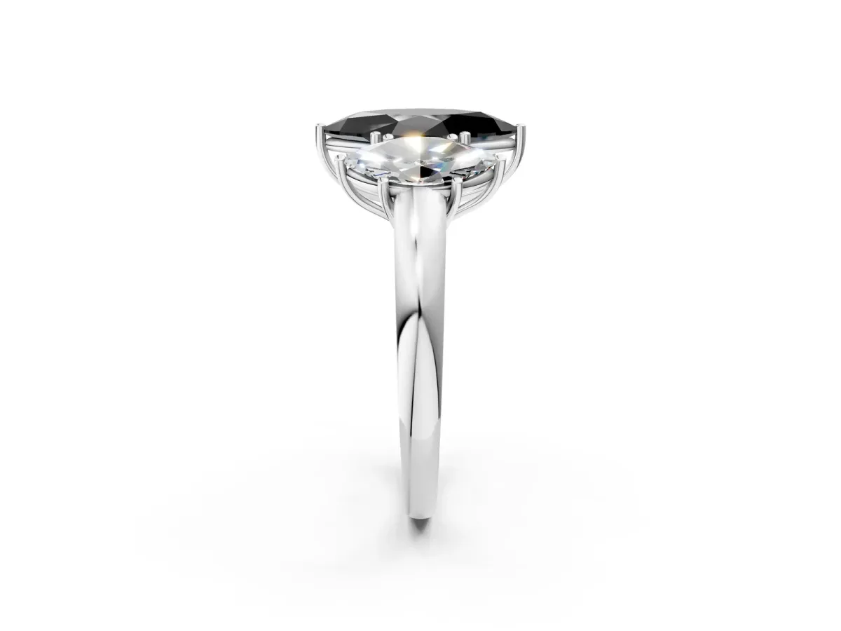 Fancy Black Marquise Cut Diamond Three-Stone Ring with Four-Prong Setting and Classic Band Platinum