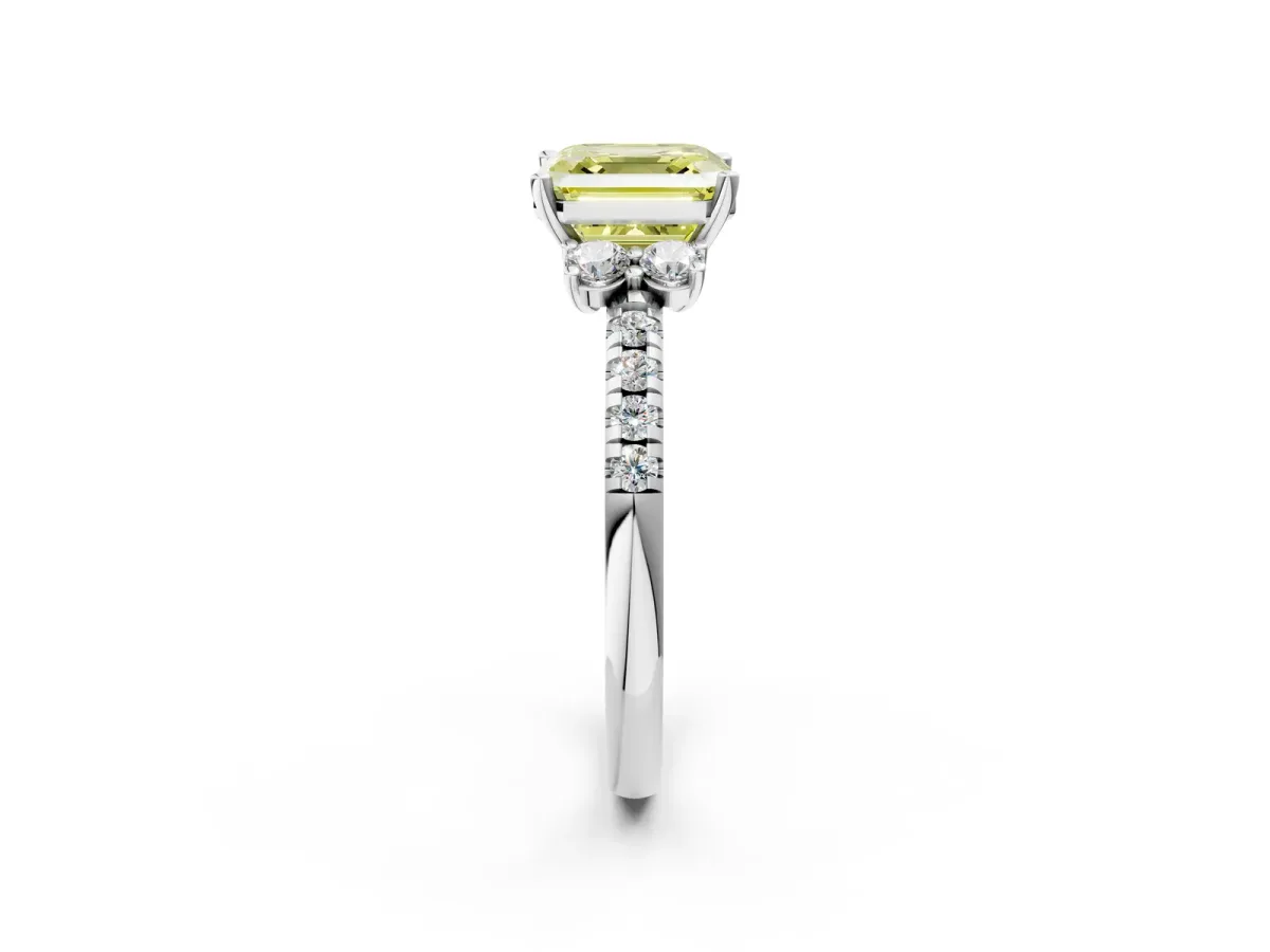 Fancy Yellow Asscher Cut Diamond Three-Stone Pave Band with Four-Prong Setting Platinum