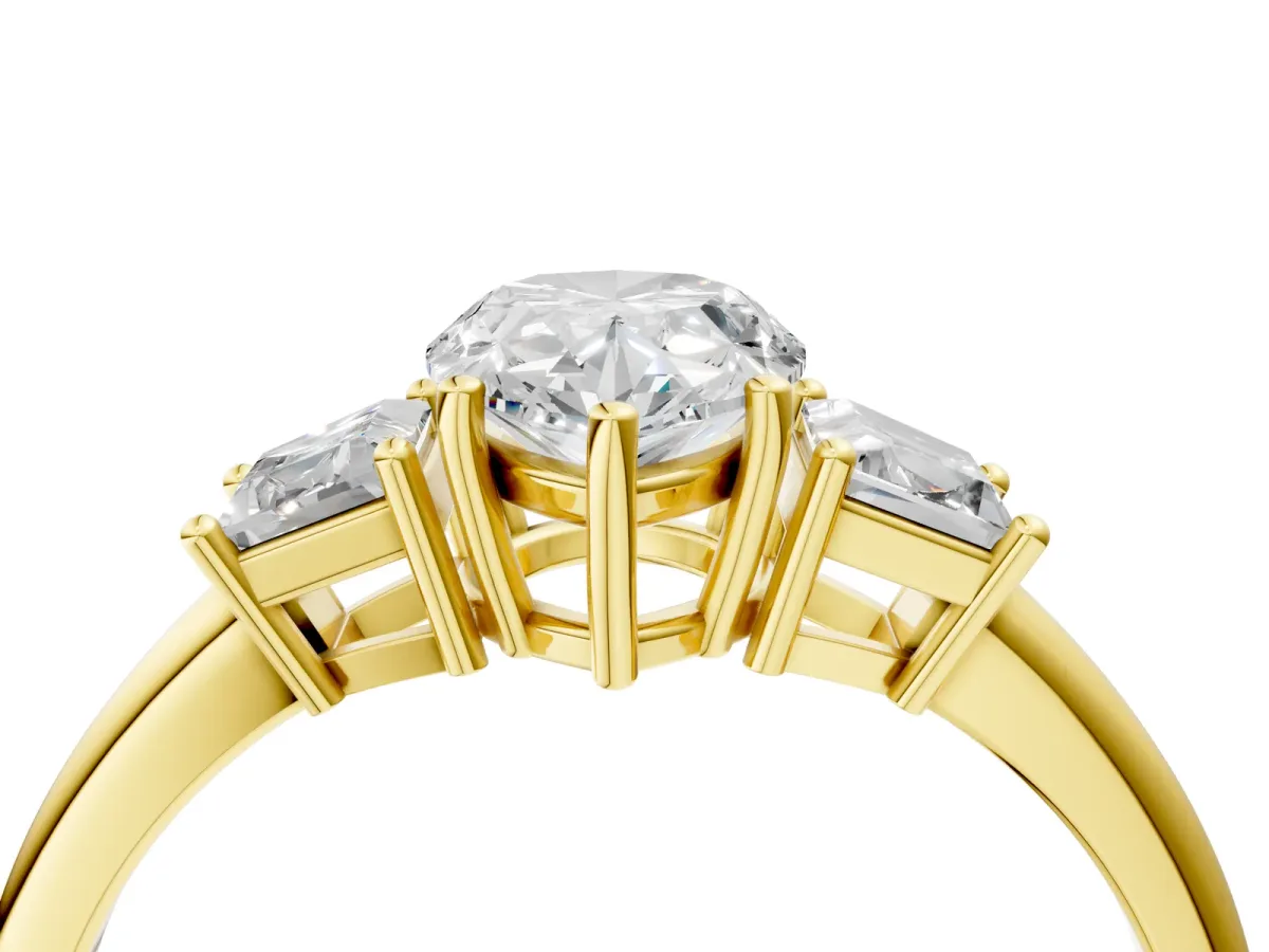 Pear Cut Diamond Three-Stone Ring with Trapezoid Side Stones and Prong Setting Yellow gold