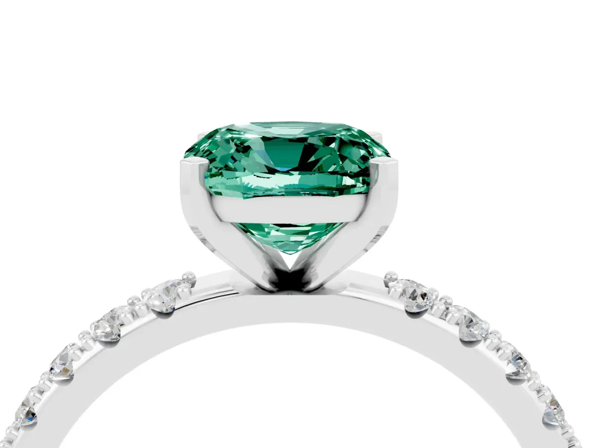 Cushion Cut Green Sapphire Solitaire Pavé Band with Four-Prong Setting Silver