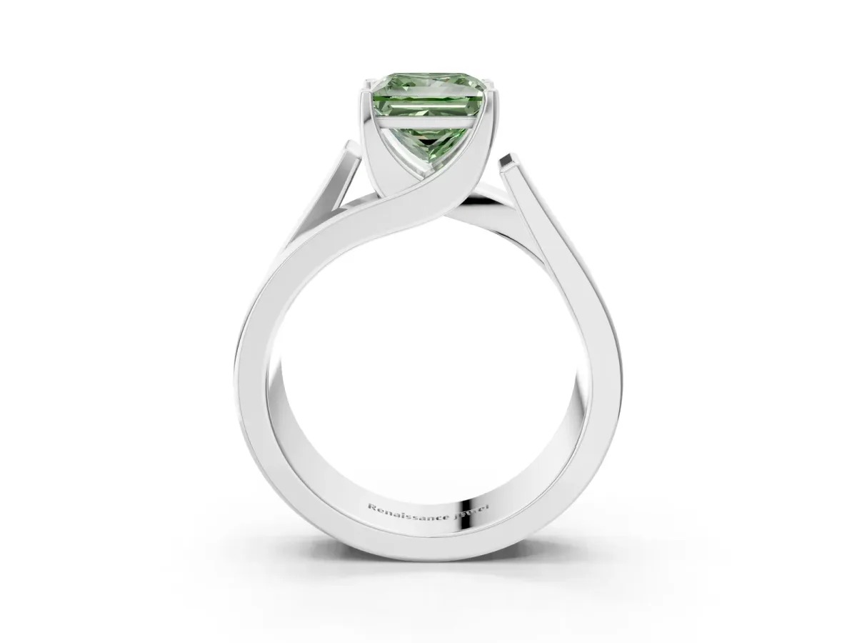 Fancy Green Modern Tension Set Princess Cut Diamond Solitaire Wide Band Ring Silver