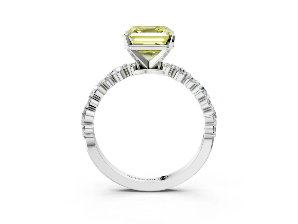 Fancy Yellow Asscher Cut Diamond Prong Set Engagement Ring with Pavé Band Platinum