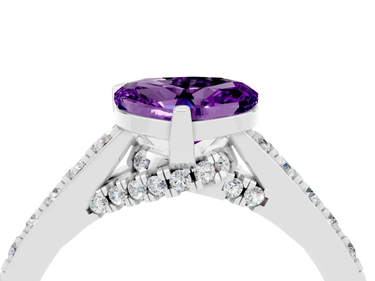 Heart Cut Amethyst Solitaire Ring with Crossover Gallery and Round Pavé Band Silver