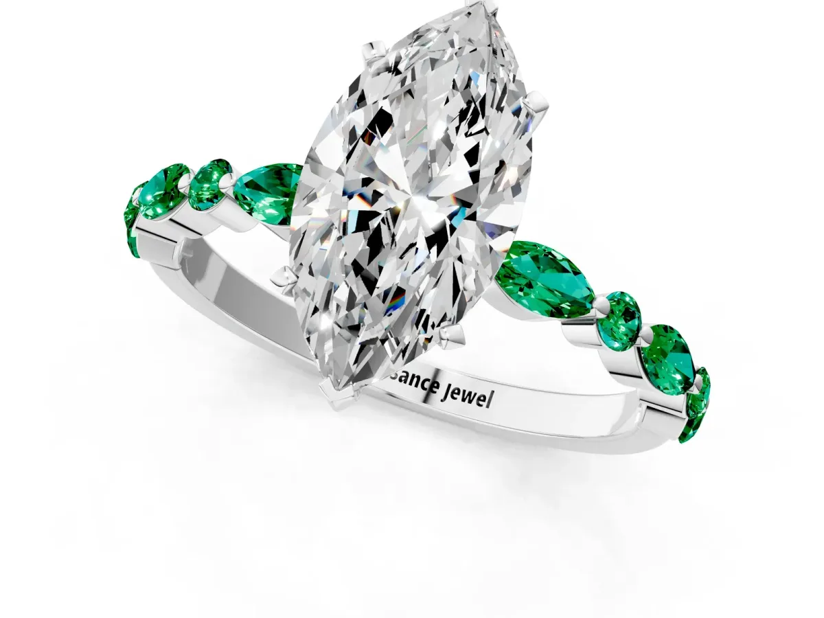 Marquise Cut Diamond Ring with Marquise and Round Emerald Side Stones and Four-Prong Setting Silver