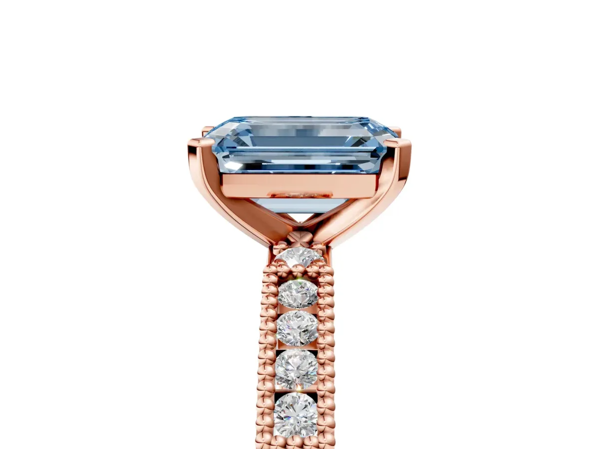 Fancy Blue Emerald Cut Solitaire with Pavé Band and Four-Prong Setting Rose gold