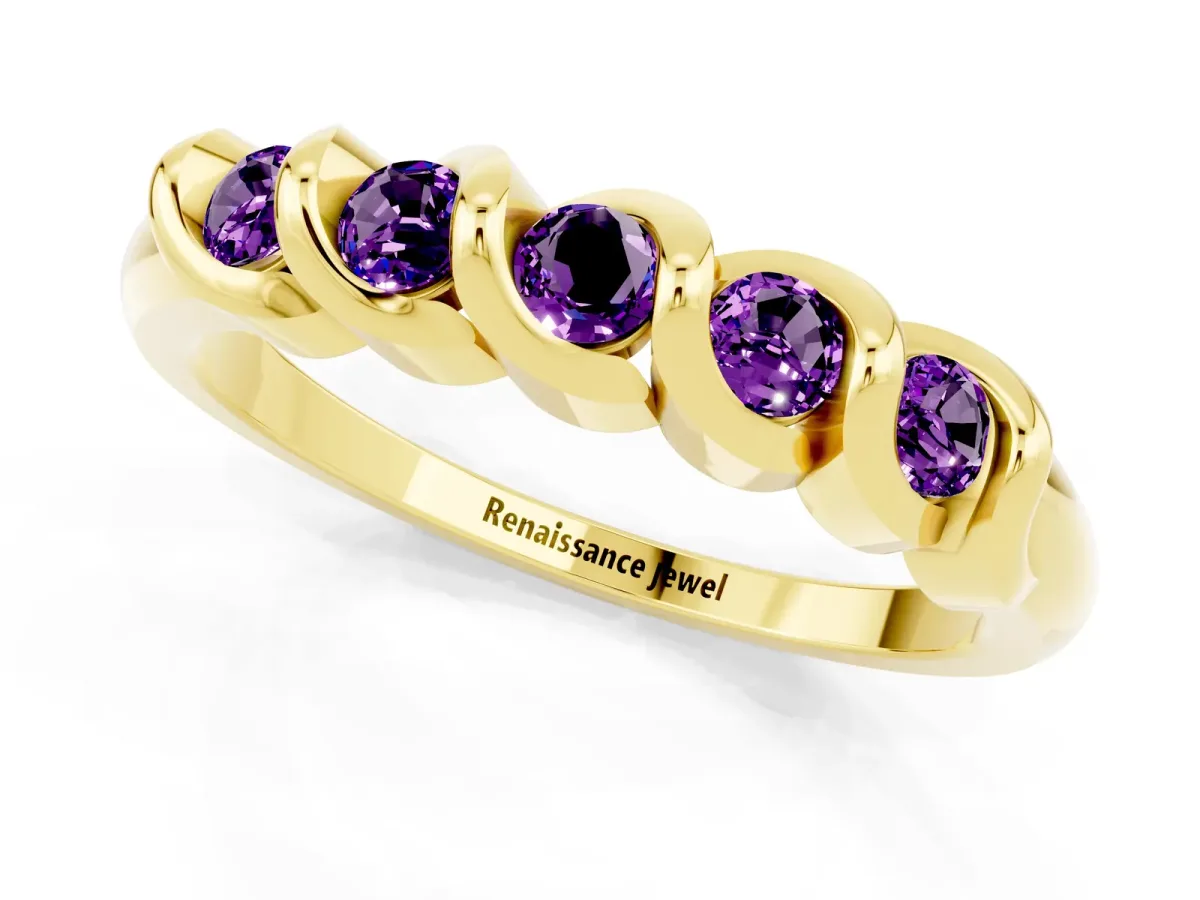Round Amethyst Eternity Band with Twist Prong Setting Yellow gold