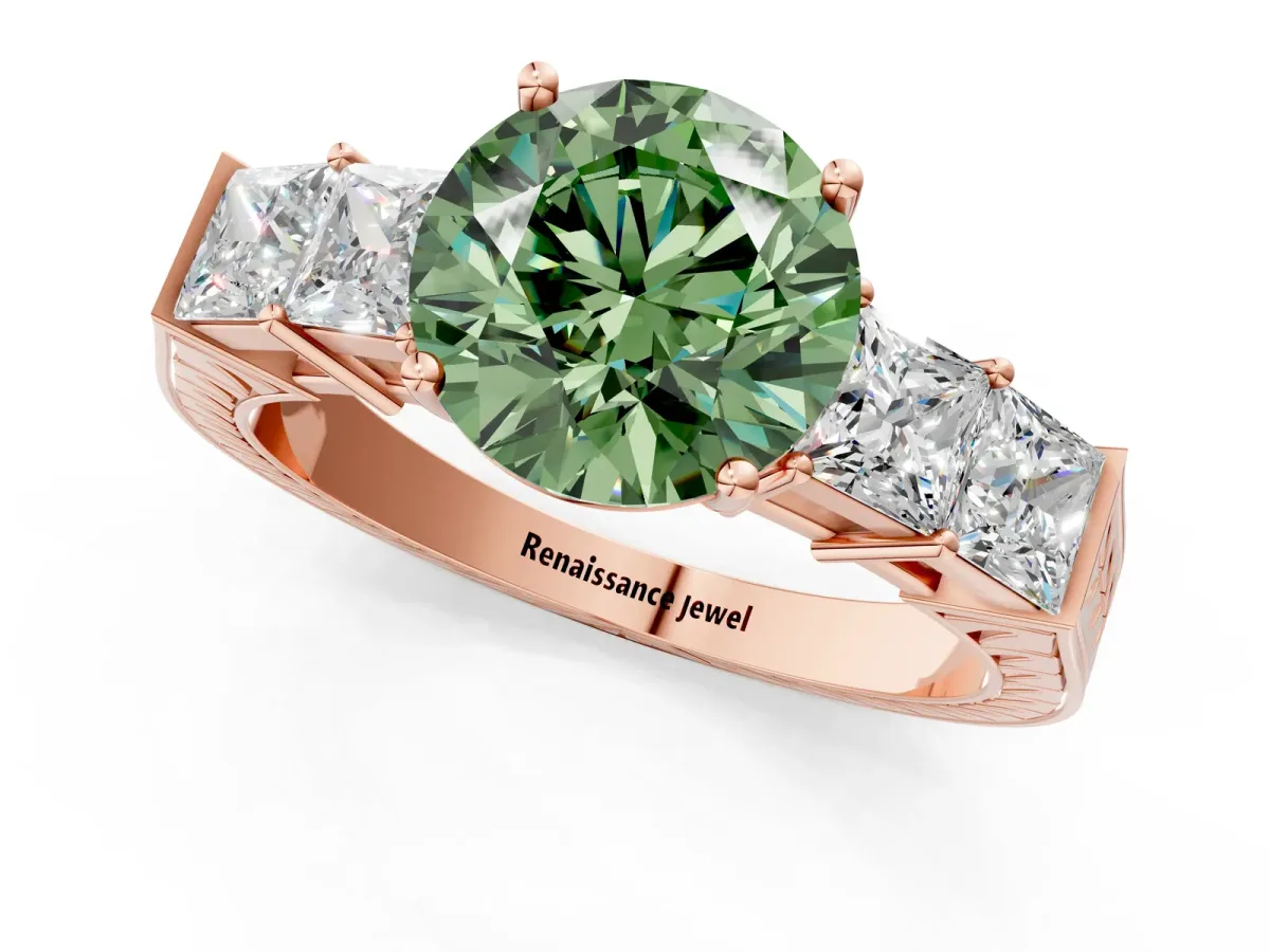 Fancy Green Round Cut Solitaire Princess Side Stone Engraved Band Prong Setting Ring Rose gold