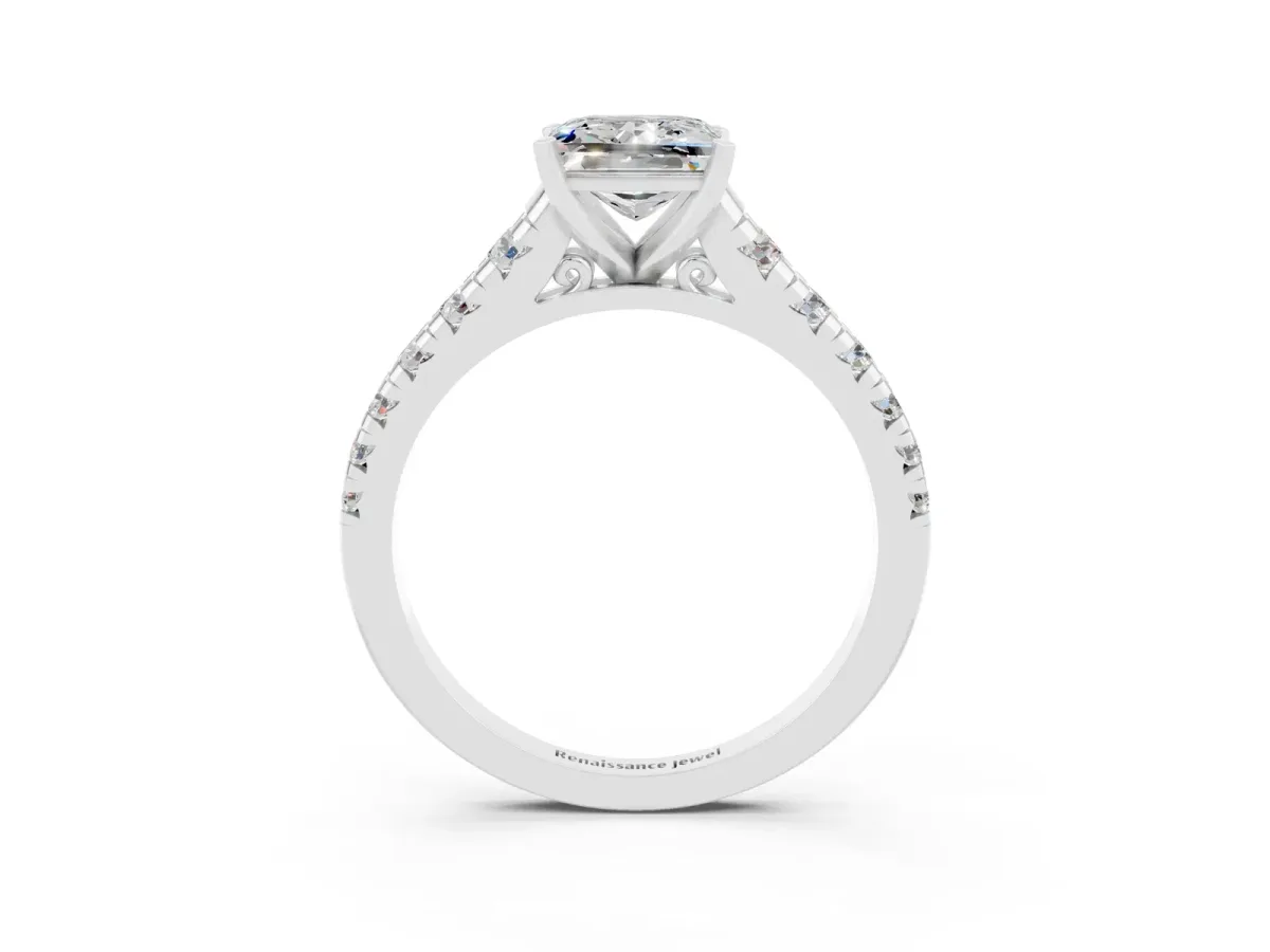 Princess Cut Moissanite Cathedral Solitaire Ring with Round Pavé Band Silver