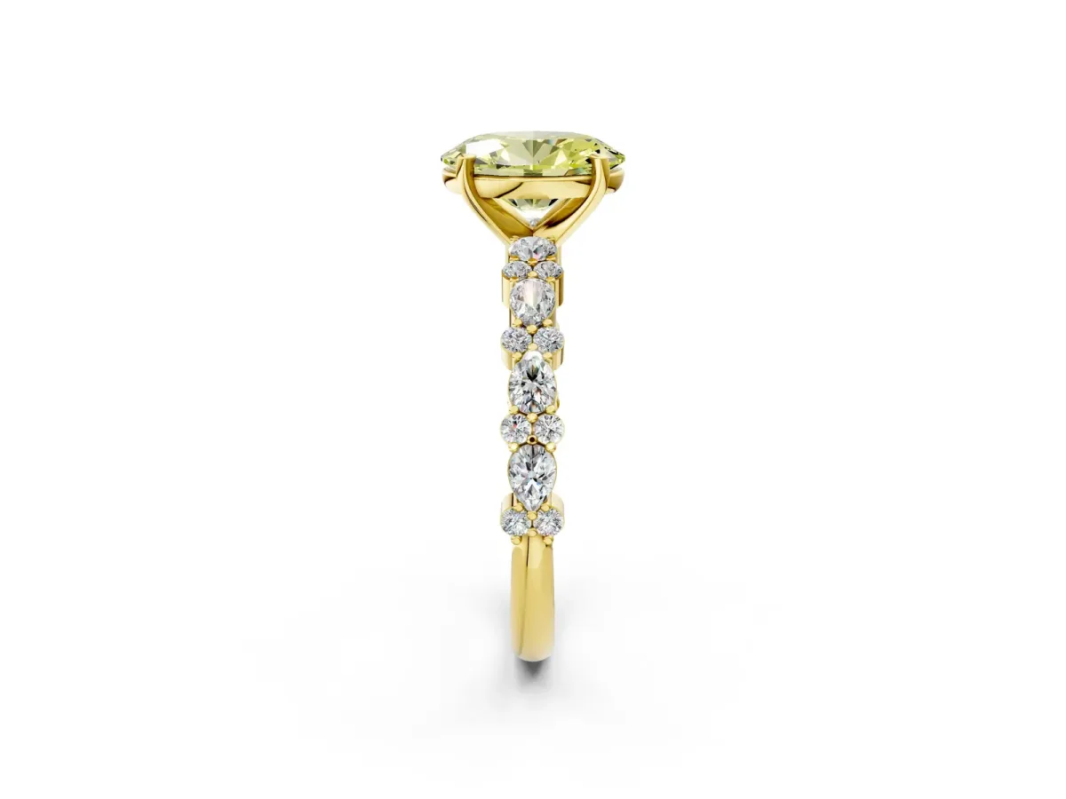 Fancy Yellow Oval Cut Diamond Side Stone Solitaire Ring with Round and Four-Prong Setting Yellow gold