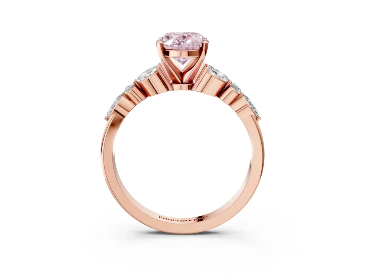 Fancy Pink Oval Cut Diamond Solitaire Ring with Side Stones and Four-Prong Setting Rose gold