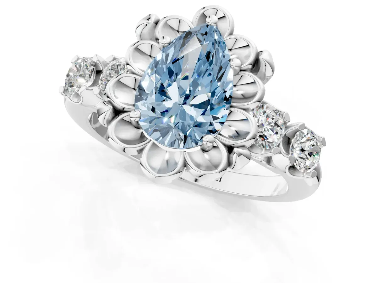 Fancy Blue Pear Cut Cut Diamond Floral Halo Engagement Ring with Shared Prong Setting Silver