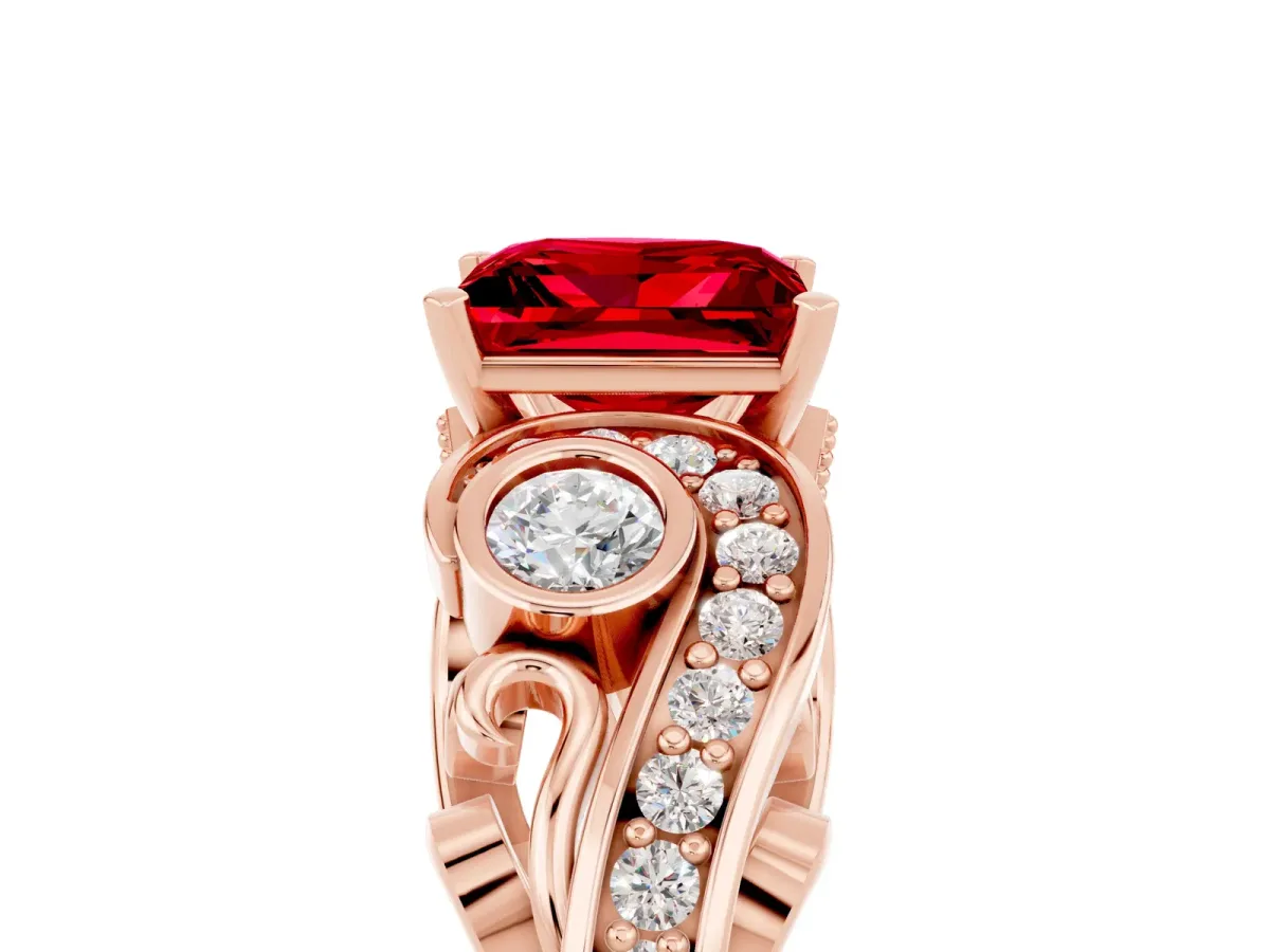 Princess Cut Ruby Solitaire Ring with Milgrain Pavé Band and Four-Prong Setting Rose gold