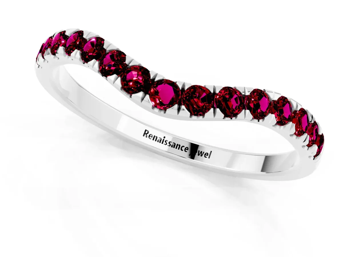 Curved Pavé Round Garnet Wedding Band with Shared Prong Setting White gold