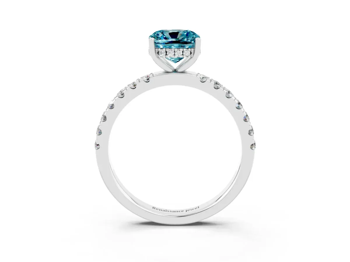 Cushion Cut Blue Topaz Pave Band Solitaire Ring with Round and Prong Setting Platinum