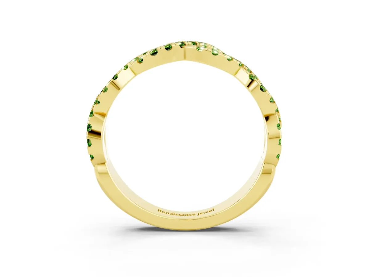 Round Peridot Twisted Eternity Band with Pavé and Shared Prong Setting Yellow gold