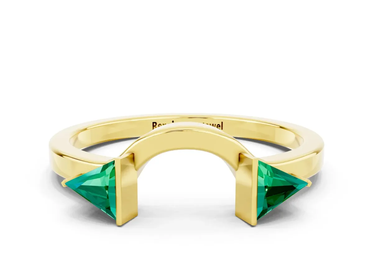 Trillion Emerald Open Band Ring with Bezel Setting Yellow gold