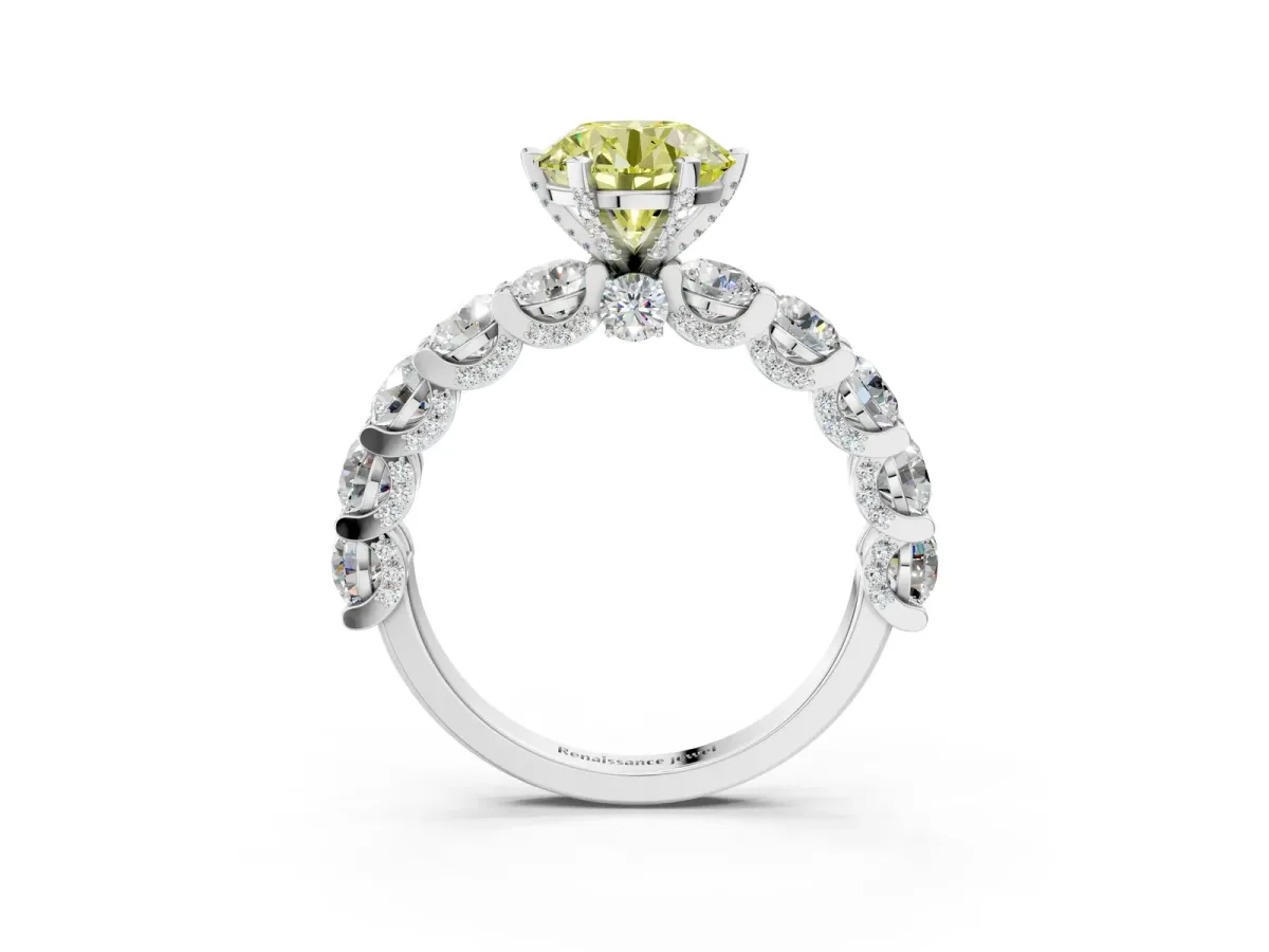 Fancy Yellow Round Cut Diamond Side Stone Engagement Ring with Four-Prong Setting Silver