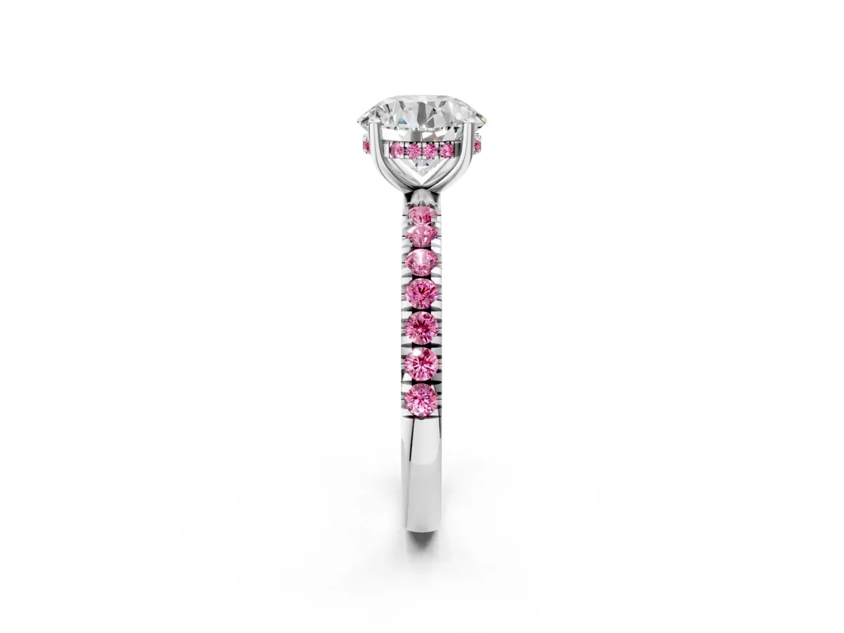Round Cut Diamond Pave Band Solitaire Ring with Round Pink Sapphire and Prong Setting Silver